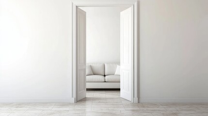 Poster - Modern interior with open double doors revealing a minimalist living room with a light-colored couch and empty white walls Copy Space