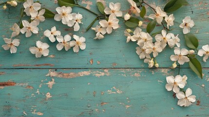 Poster - White apple blossoms on rustic blue wooden background with natural light and copy space. Floral arrangement for decorative use.