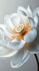Poster - Soft petals unfurl gracefully in this intricate close-up, revealing a stunning display of a large white flower. The golden center contrasts beautifully with the petal's elegant curves