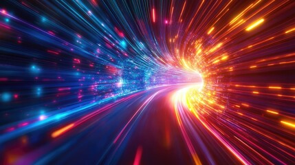 Poster - Colorful abstract digital tunnel with dynamic light streaks in blue and orange tones Copy Space