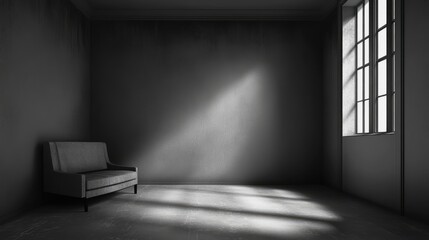 Poster - empty minimalist interior of a room with a gray sofa and large window casting shadows on the floor c