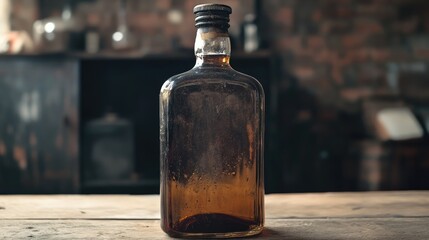 Poster - Vintage glass bottle with dark liquid on rustic wooden table and blurred background of brick wall and shelves Copy Space