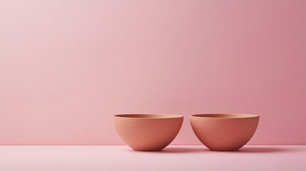 Poster - Minimalistic still life featuring two simple clay bowls on a soft pink background with ample copy space for text placement