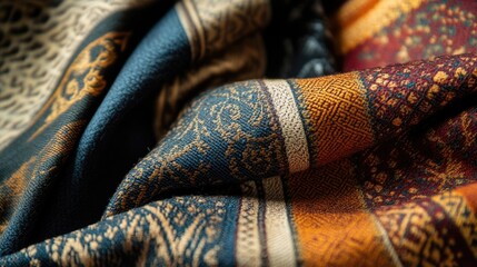 Poster - Close-up of colorful, textured fabric with intricate patterns in rich colors and soft folds showcasing textile design details Copy Space