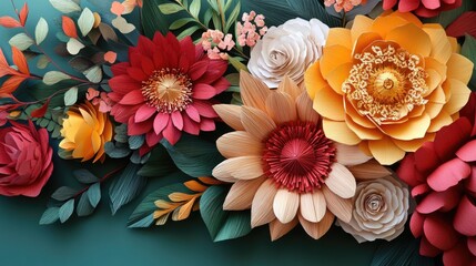 Poster - Colorful paper flowers arrangement with various floral designs on a dark green background featuring ample copy space.