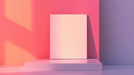 Poster - Blank canvas positioned on a white pedestal against a colorful gradient wall with soft shadows and copy space for text placement