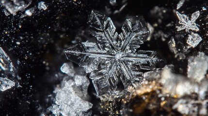 Poster - Macro image of a snowflake on a dark background with ice crystals and reflective surface Copy Space
