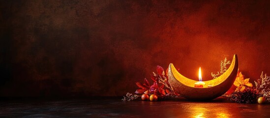 Poster - Candle with flame on decorative table setting featuring flowers and ornaments against dark background Copy Space