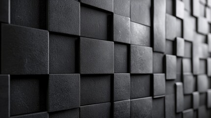 Poster - Textured black wall panel pattern with three-dimensional square tiles providing depth and dimension available for background use, Copy Space