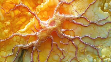 Poster - Colorful abstract background of mineral textures with intricate patterns and organic structures in yellow and orange hues, Copy Space.