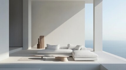Poster - minimalist interior design with contemporary furniture overlooking a serene ocean view and abundant 