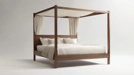 Poster - Wooden canopy bed with neutral bedding and curtains in light studio setting with copy space for text.