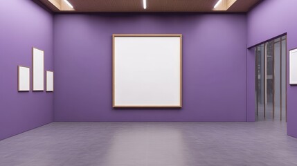 Poster - Modern art gallery interior with empty frames on purple walls and ample copy space for text placement