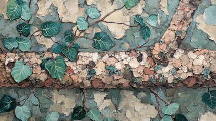 Poster - Textured bark with green ivy leaves in a nature-inspired design featuring a mixture of earth tones and Copy Space for text placement.