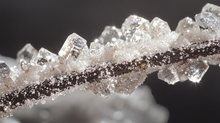 Poster - Macro photograph of crystalline structure on a branch showcasing intricate details and textures with Copy Space for text placement