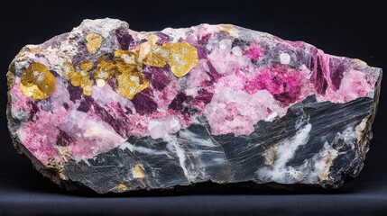 Poster - Large pink and gold mineral rock with intricate patterns on black background showcasing texture and detail Copy Space