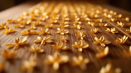Poster - Yellow flower petals arranged on a wooden surface with a blurred background and ample copy space for text placement.
