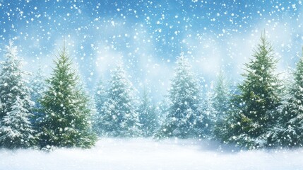 Poster - Snowy winter landscape with evergreen trees in a forest under a blue sky with falling snow Copy Space