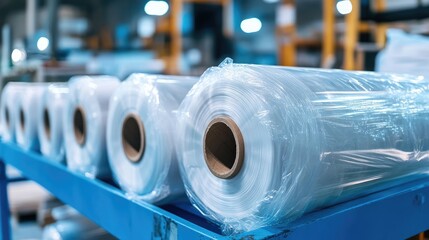 Poster - Rolls of plastic film wrapped in clear packaging stacked on a blue cart in a warehouse with blurred industrial background and Copy Space.