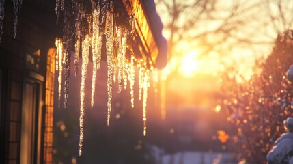 Wall Mural - Icicles hanging from a roof reflecting sunlight at sunset creating a warm winter atmosphere with soft bokeh in the background Copy Space
