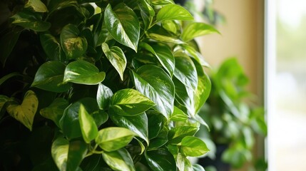 Poster - Close-up of green and variegated Pothos plant leaves with soft natural light and blurred indoor background Copy Space