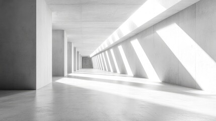 Wall Mural - Abstract interior space with concrete columns and bright natural light creating shadow patterns on the floor Copy Space