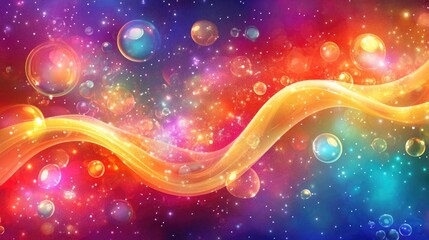 Fototapete - Colorful abstract background with bubbles and waves featuring a blend of vibrant hues and cosmic elements. Copy Space available.