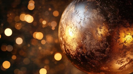 Poster - Abstract golden sphere with glittering bokeh background and smooth reflective surface featuring Copy Space for text placement