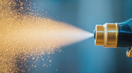 Poster - Close-up of spray nozzle releasing fine mist of orange liquid with bokeh background Copy Space