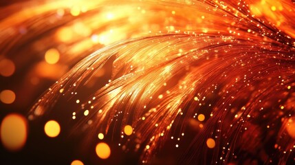 Poster - Abstract orange and gold fiber optic light trails with bokeh effect and copy space for text placement.