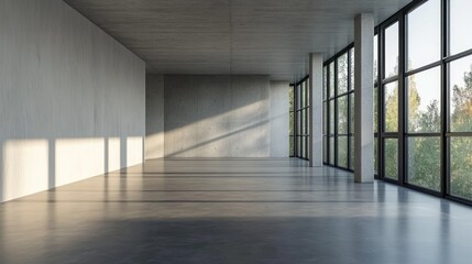 Poster - modern minimalistic interior space with large windows letting in natural light and open floor plan c