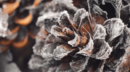 Poster - Frosted pine cone detail close-up with blurred background and copy space for seasonal themes and nature designs