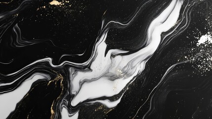 Poster - Abstract black and white marble texture with gold accents featuring fluid patterns and Copy Space for text placement