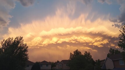 Poster - Dramatic sunset clouds with golden hues and layered formations above suburban houses isolated against the sky Copy Space