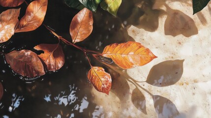 Poster - Autumn leaves floating on water surface creating reflections and shadows in natural light with copy space available