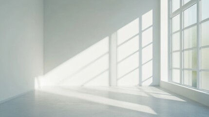 Poster - empty room interior with large windows casting shadows on light-colored walls and floor, ample copy 