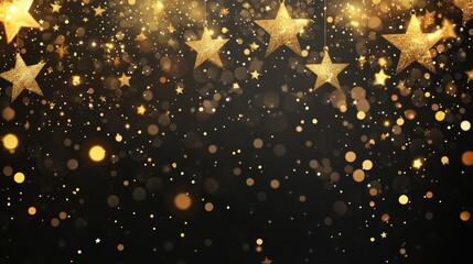Poster - Gold glittering stars and bokeh lights on a dark background with ample copy space for text or design elements.