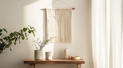 Poster - Home interior with macrame wall hanging, wooden table, potted plants, and natural light from window, featuring copy space for text.