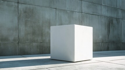 Poster - Minimalistic white cube on concrete floor against textured gray wall with natural shadow and Copy Space for text placement.