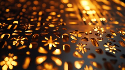 Poster - Intricate metal cutouts illuminated by warm light creating a beautiful pattern with Copy Space for text placement