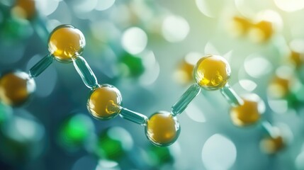 Poster - Molecular structure of a scientific concept with blurred bokeh background showing interconnected atoms and copy space for text