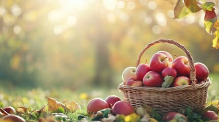 Poster - Basket of red apples on grassy ground with autumn leaves and sunlight filtering through trees Copy Space