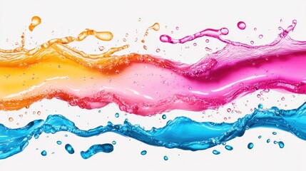 Poster - Colorful water splash with orange, pink, and blue waves on white background ideal for creative designs Copy Space