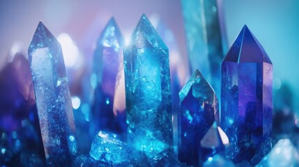 Poster - Colorful crystal formations with sharp points and reflective surfaces on a blurred, softly lit background Copy Space