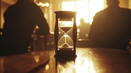 Poster - Hourglass on a table with blurred silhouettes in the background illuminated by warm sunlight Copy Space