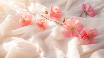 Poster - Pink flowers arranged on soft white fabric with gentle lighting offering a calm and delicate atmosphere Copy Space