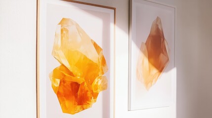 Poster - Abstract amber crystal artwork framed on a white wall with natural light highlighting the pieces Copy Space