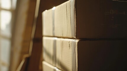 Poster - Stacked cardboard boxes with soft focus and natural light highlighting textures and edges Copy Space