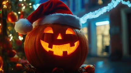 Poster - Pumpkin carved with a smiling face wearing a Santa hat surrounded by Christmas lights and decorations at night Copy Space