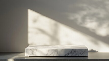 Poster - Minimalist marble block on a surface casting shadows against a textured wall with ample Copy Space for text placement
